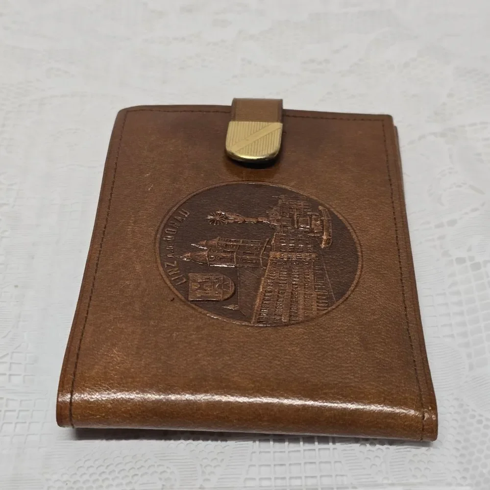 Vintage 50s Austrian Brown Leather Wallet LINZ DONAU Medallion Embossed